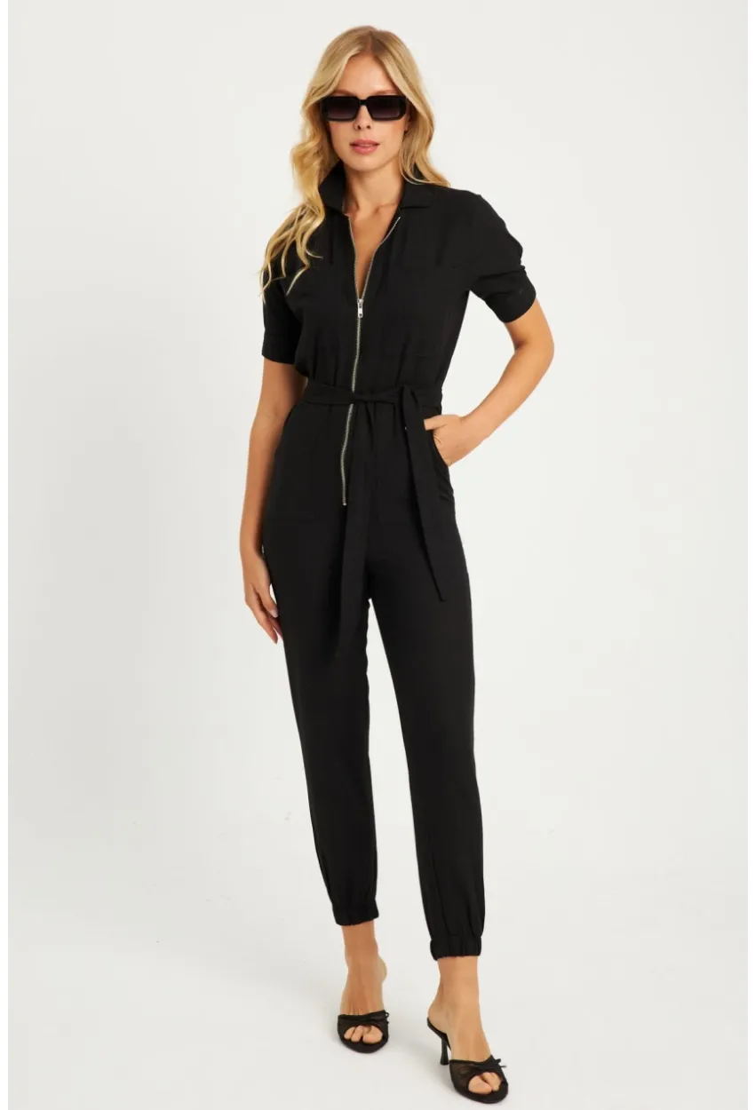 Kadın Siyah Keten Tulum YLE608