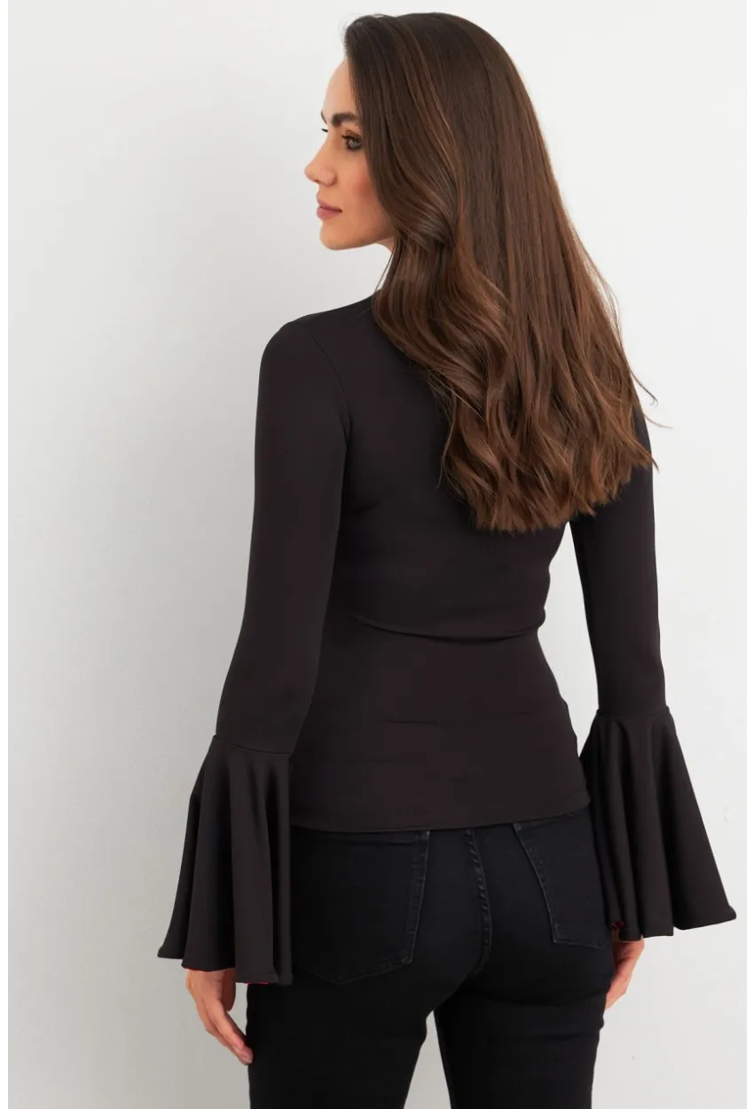 Kadın Siyah-Kırmızı Kontrast Çan Kollu Bluz EY3013