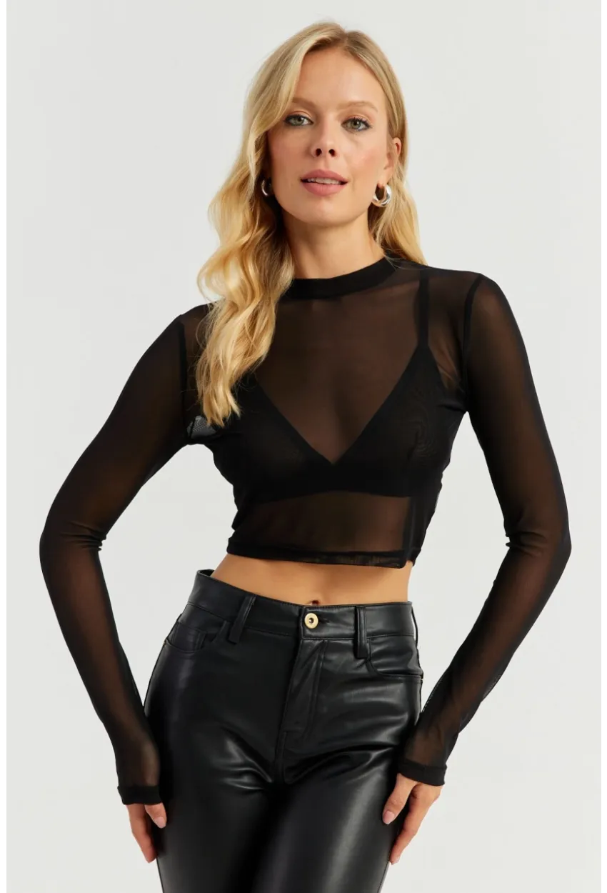 Kadın Siyah Kısa Tül Bluz MEN2027