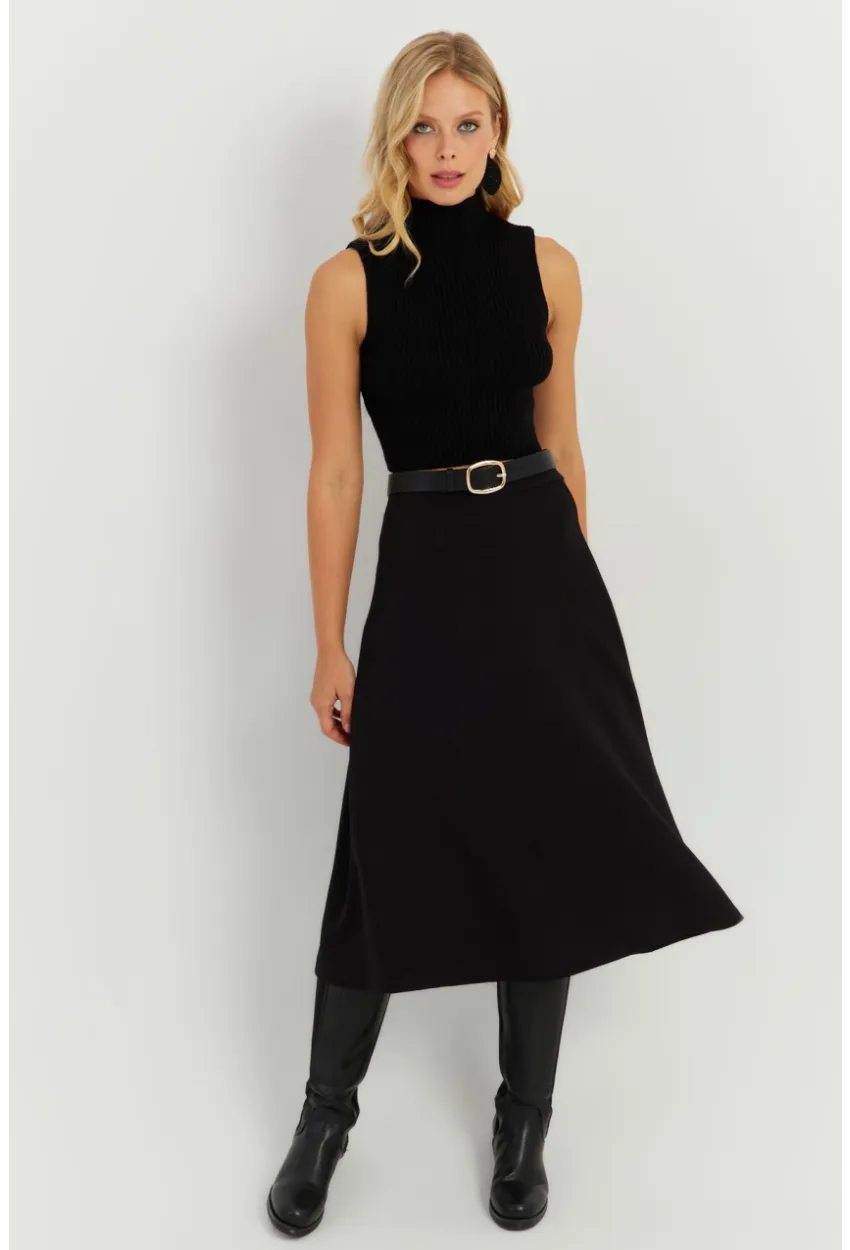 Kadın Siyah Kloş Midi Etek LV173