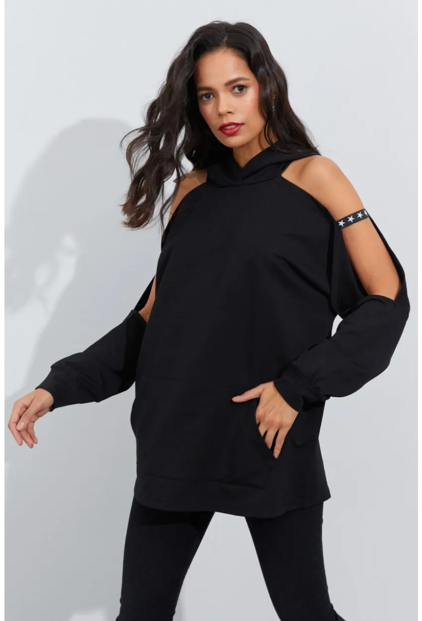 Kadın Siyah Kolları Açık Kapüşonlu Sweatshirt Yİ2356