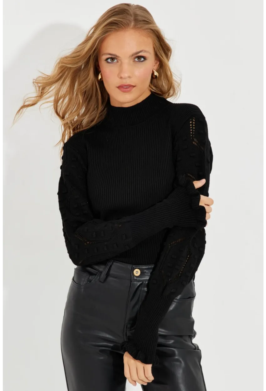 Kadın Siyah Kolları Ajurlu Triko Bluz SMT218