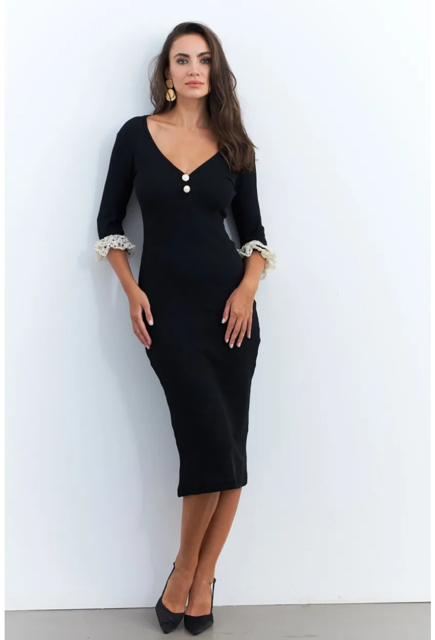 Kadın Siyah Kolları Dantel Detaylı Kaşkorse Midi Elbise EY2955