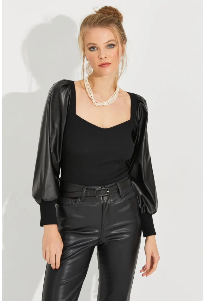 Kadın Siyah Kolları Deri Kaşkorse Bluz Yİ2494