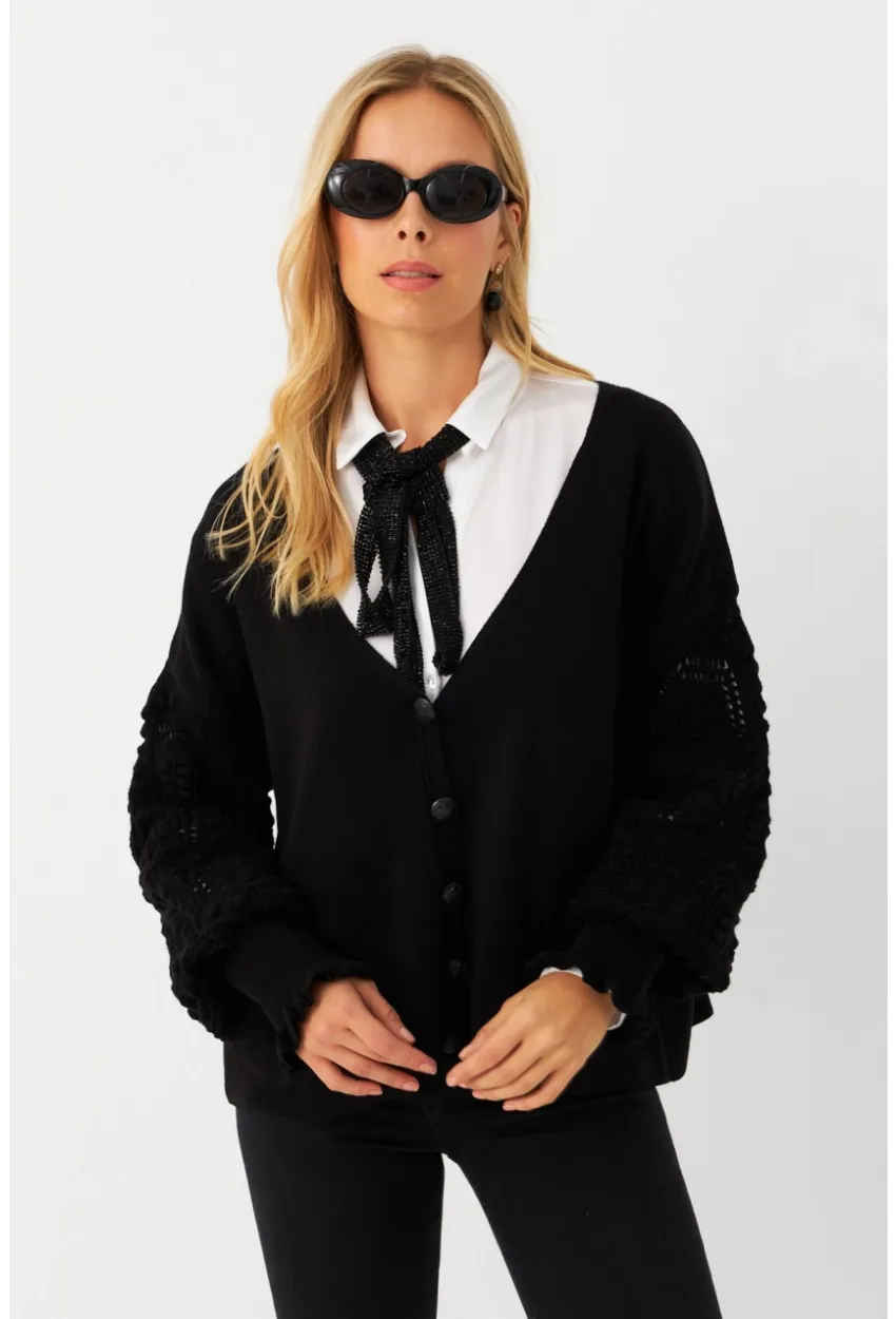 Kadın Siyah Kolları Örme Hırka MSE800