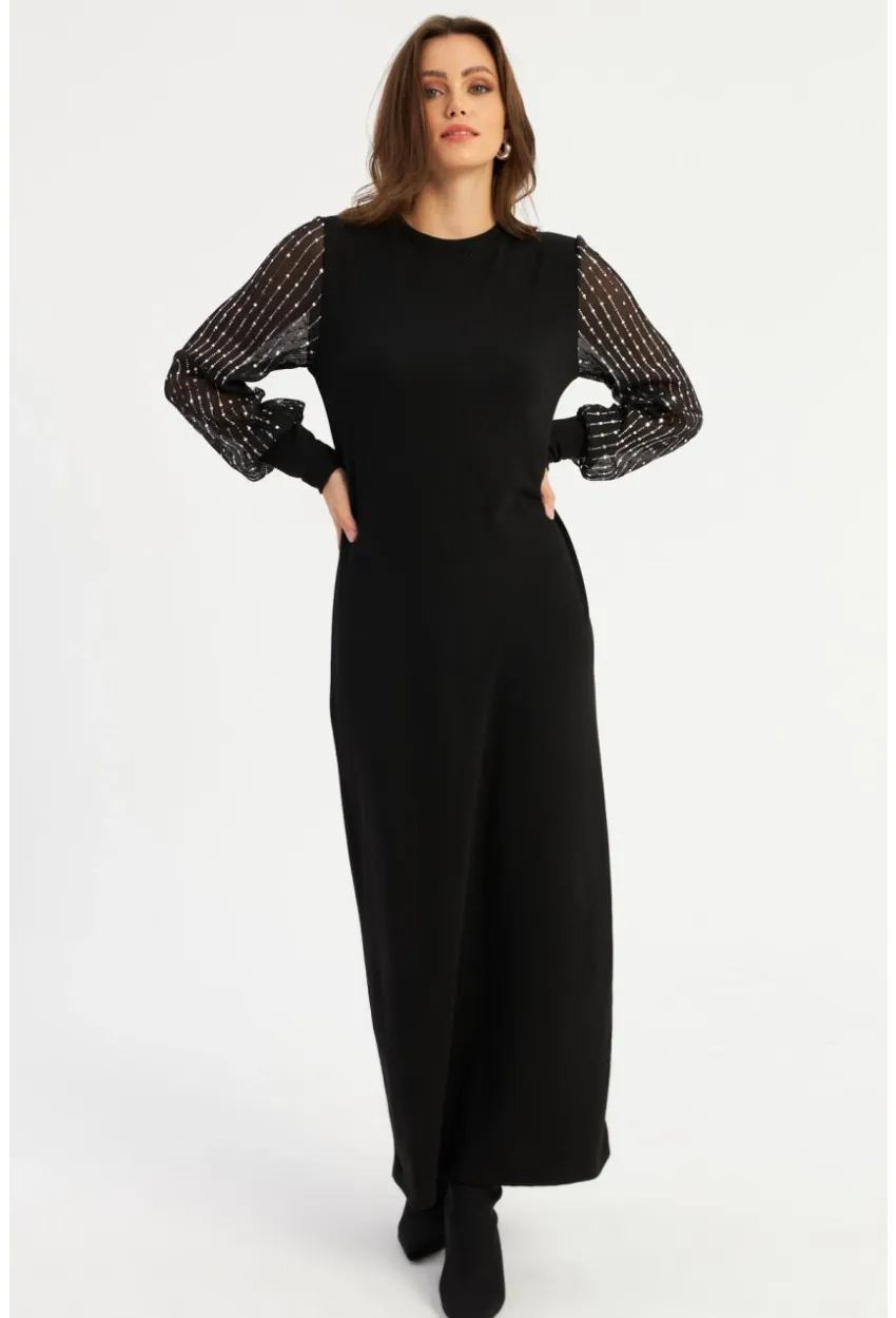 Kadın Siyah Kolları Parlak Tül Detaylı Maxi Elbise MBK56