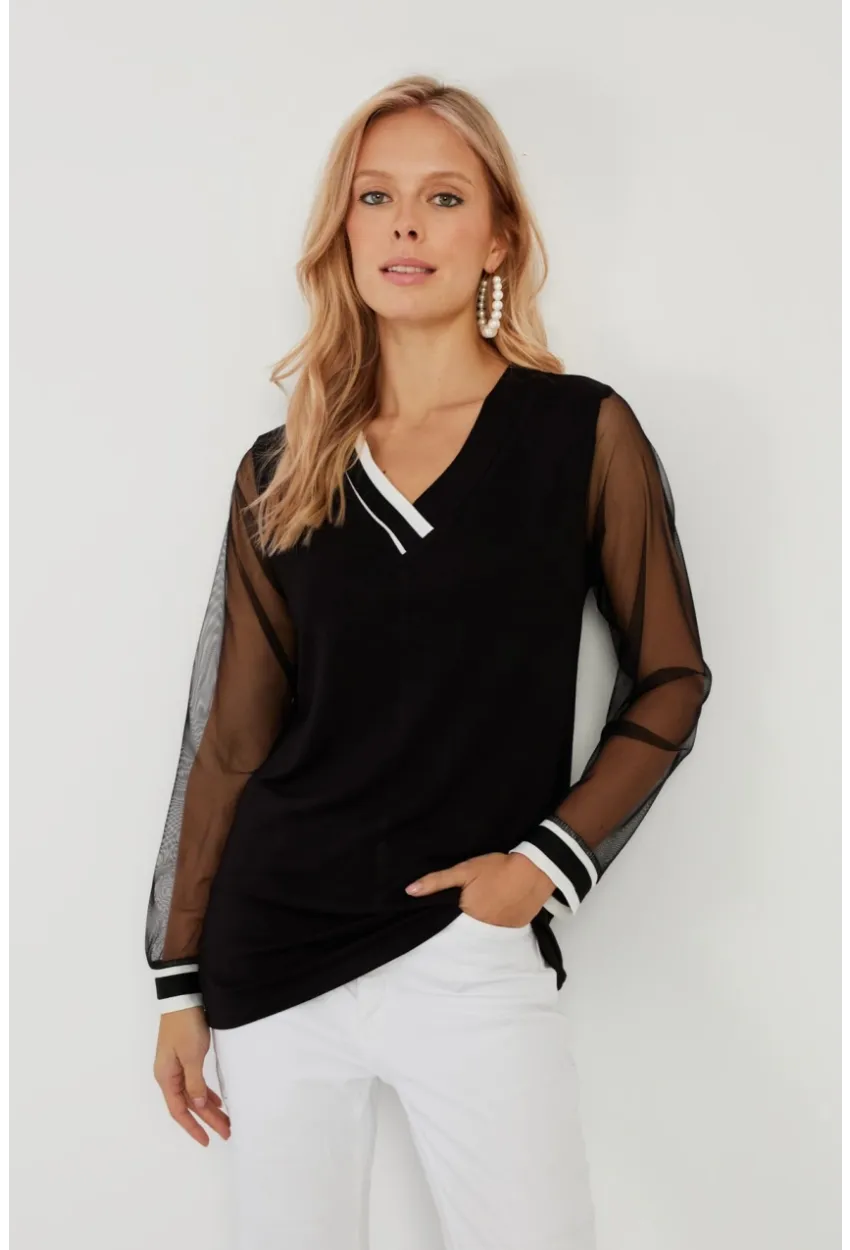 Kadın Siyah Kolları Tül Bluz ST832
