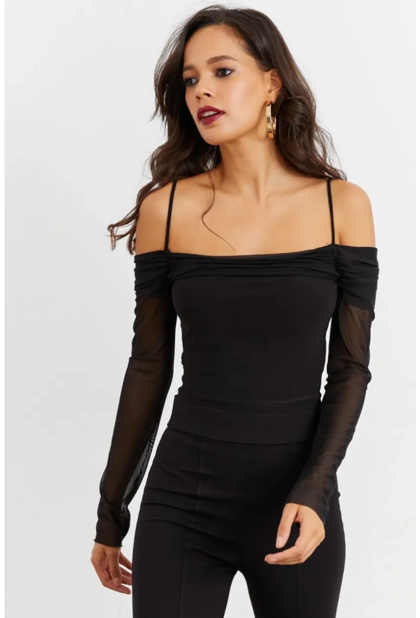 Kadın Siyah Kolları Tül Madonna Yaka Crop Bluz B1927