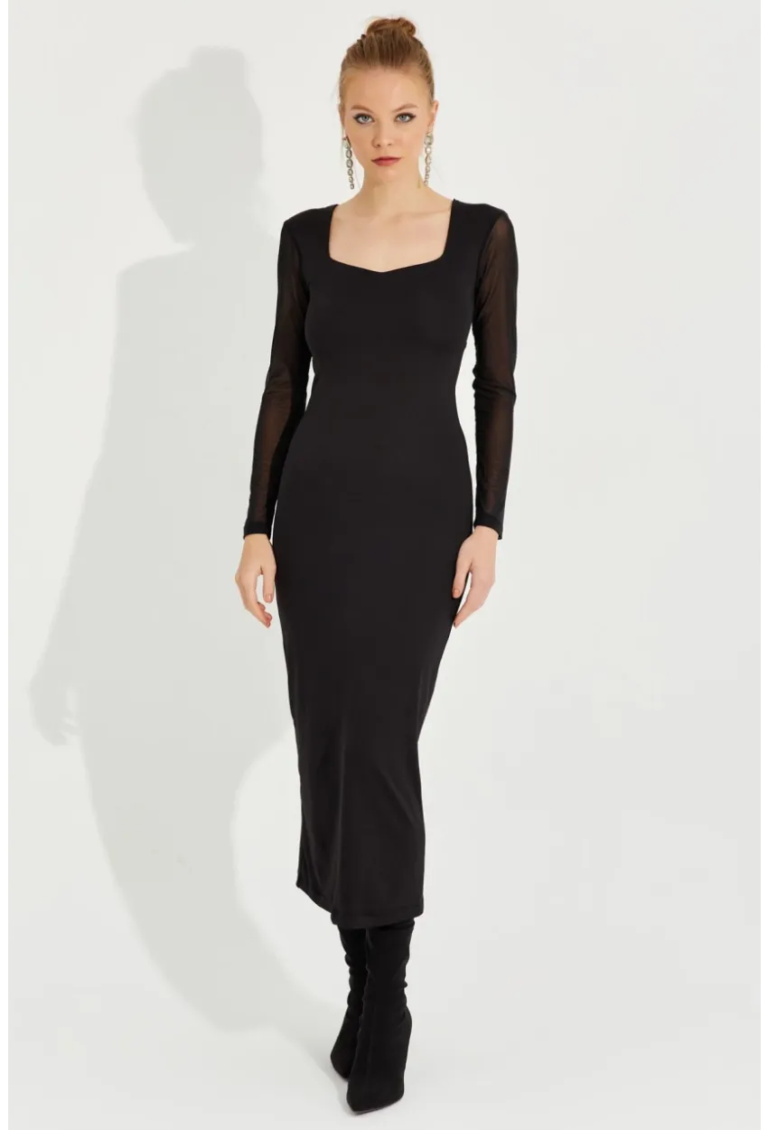 Kadın Siyah Kolları Tül Midi Elbise EY2599