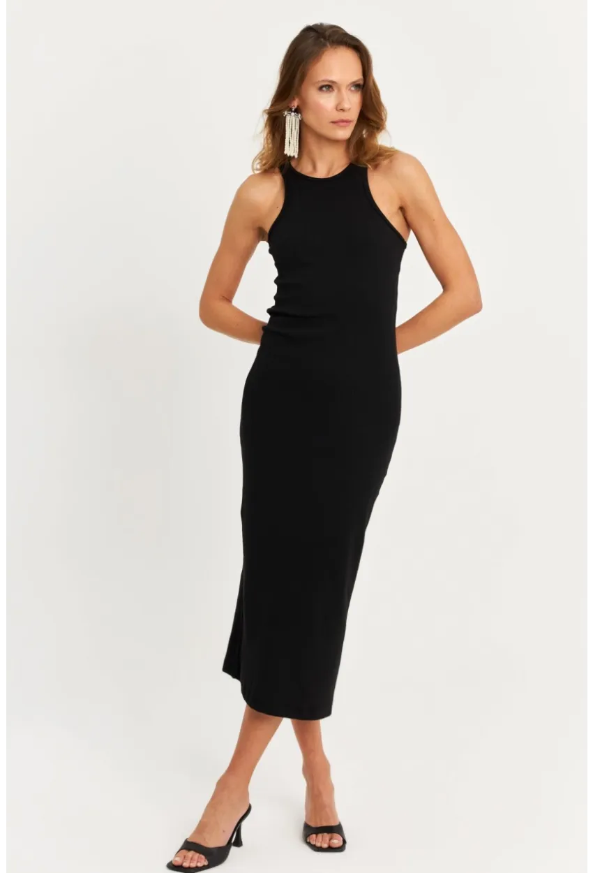 Kadın Siyah Kolsuz Kaşkorse Midi Elbise EY3049