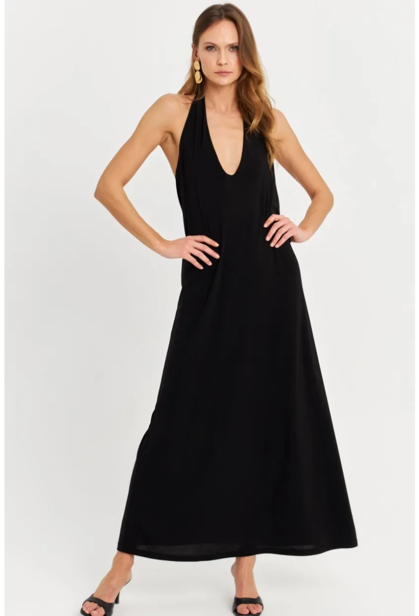 Kadın Siyah Kolsuz Midi Elbise TF73