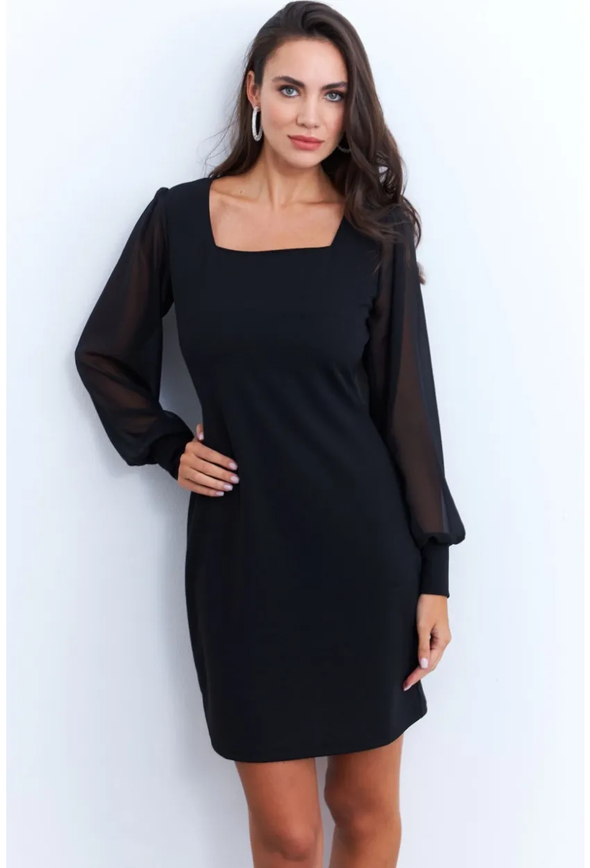 Kadın Siyah Kolu Tül Kare Yaka Midi Elbise ST841