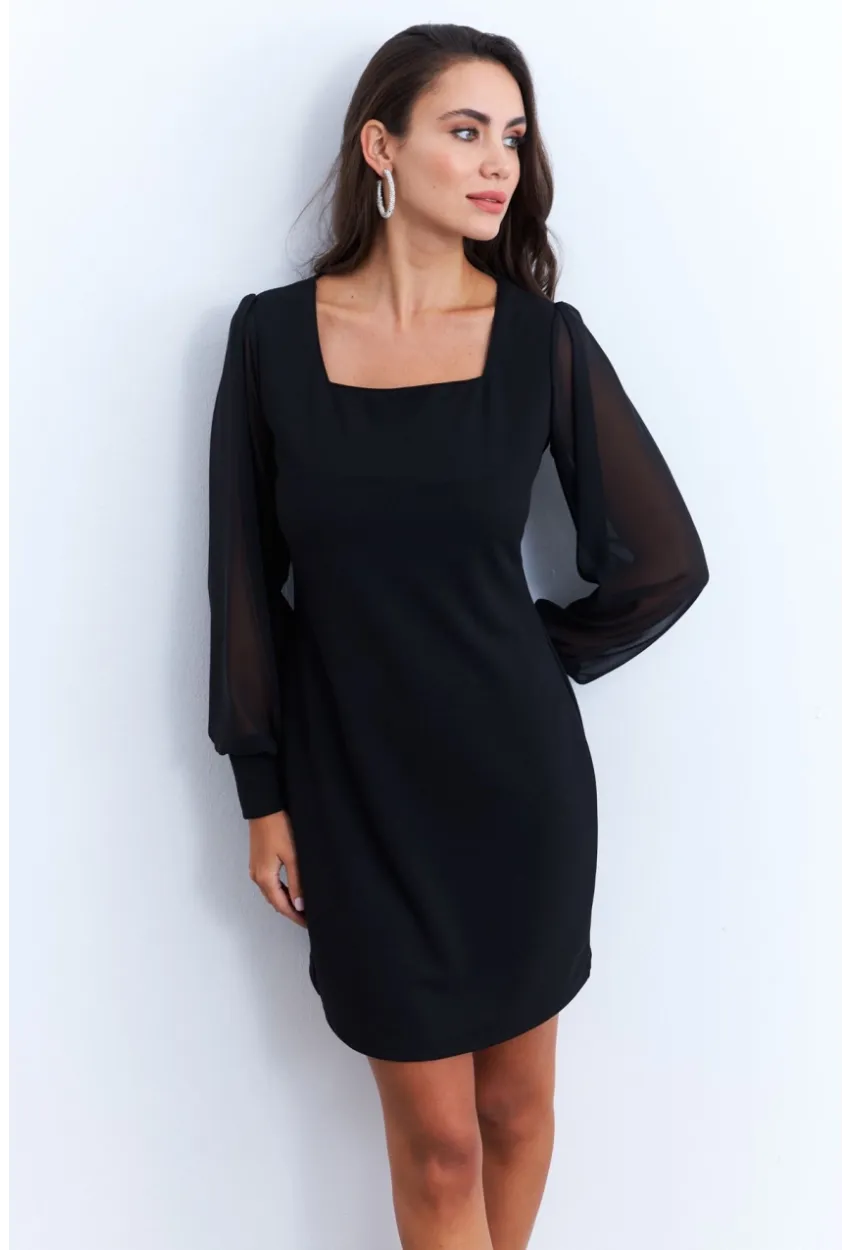 Kadın Siyah Kolu Tül Kare Yaka Midi Elbise ST841