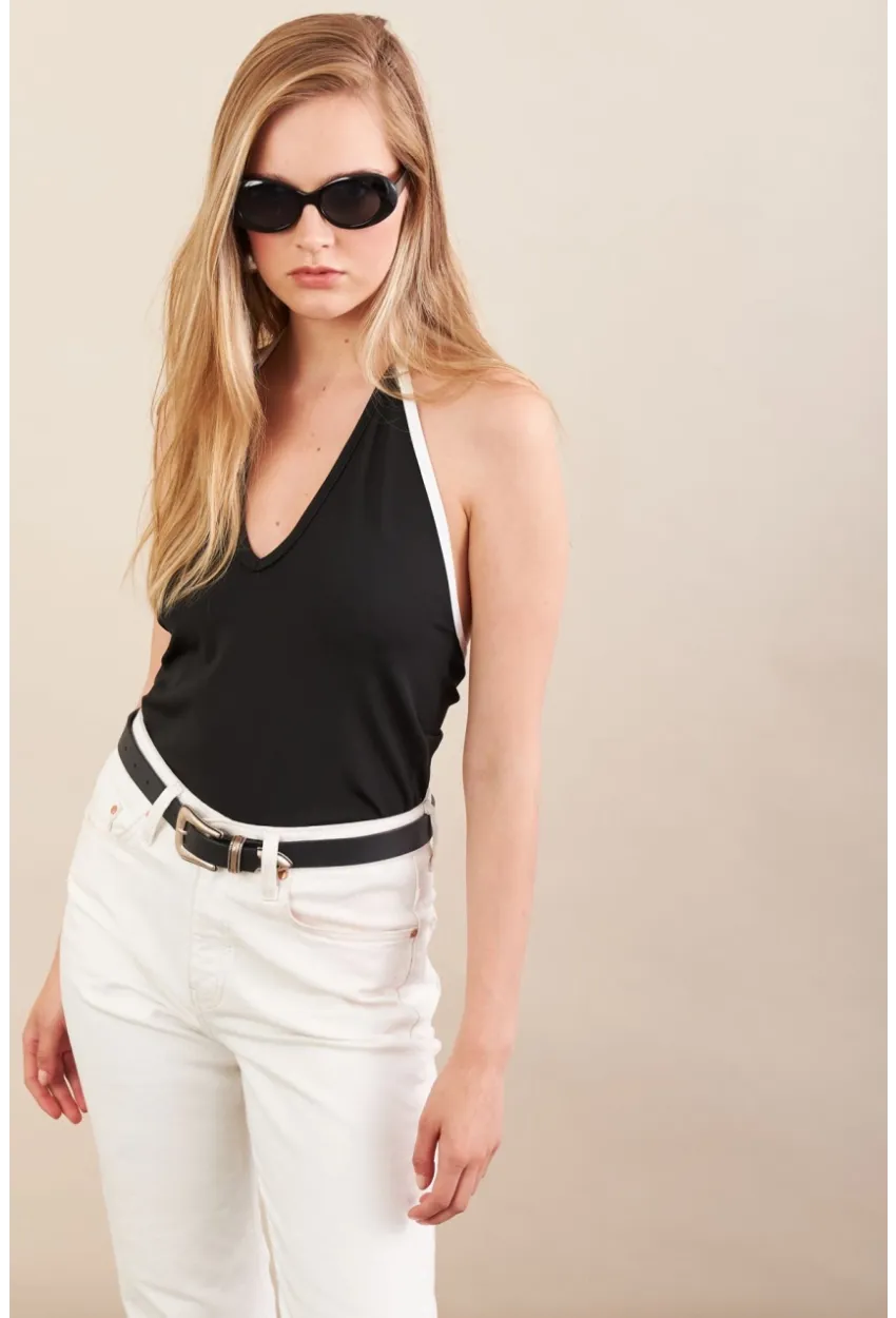 Kadın Siyah Kontrast Biyeli V Yaka Bluz EY3103