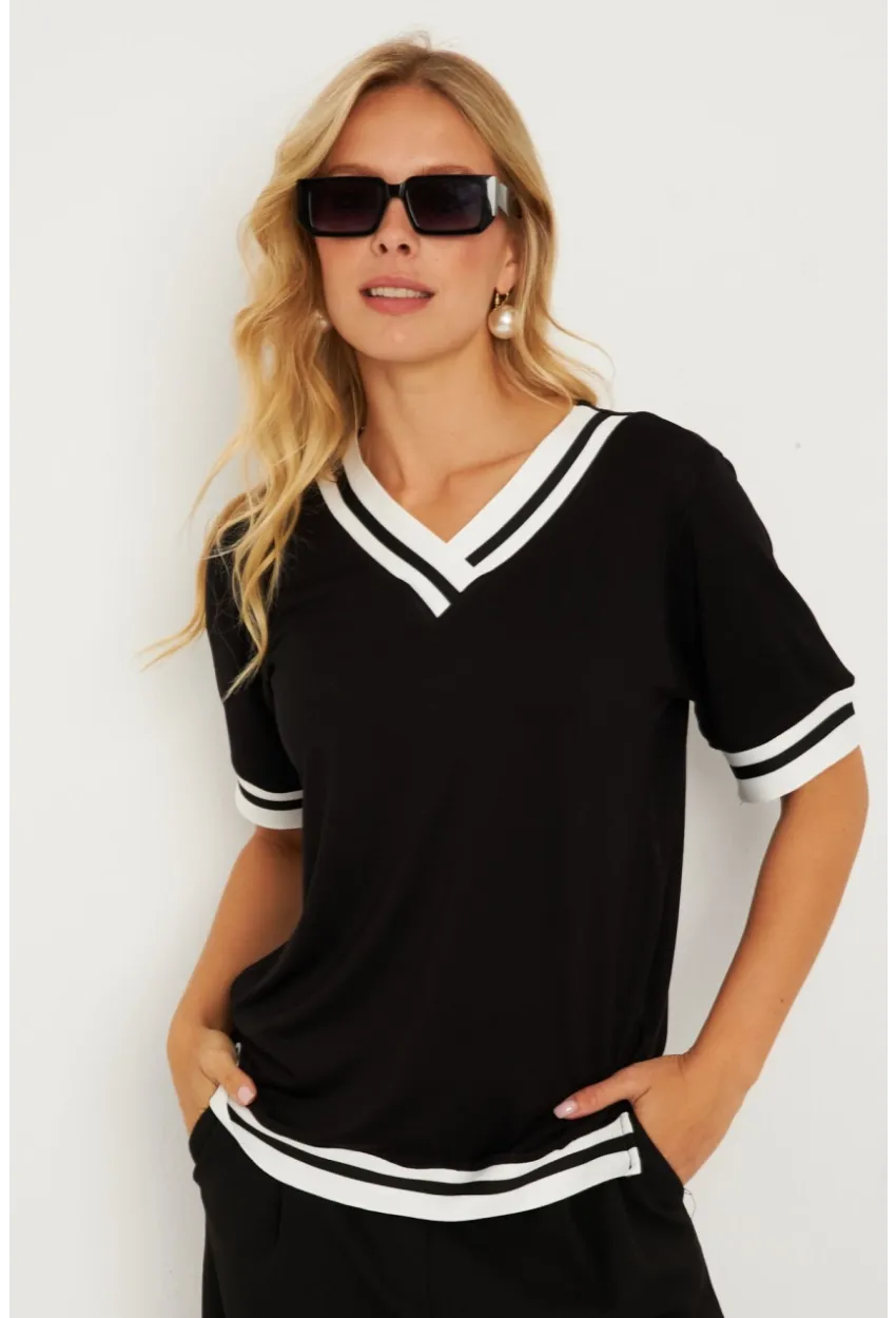 Kadın Siyah Kontrast Bluz ST836