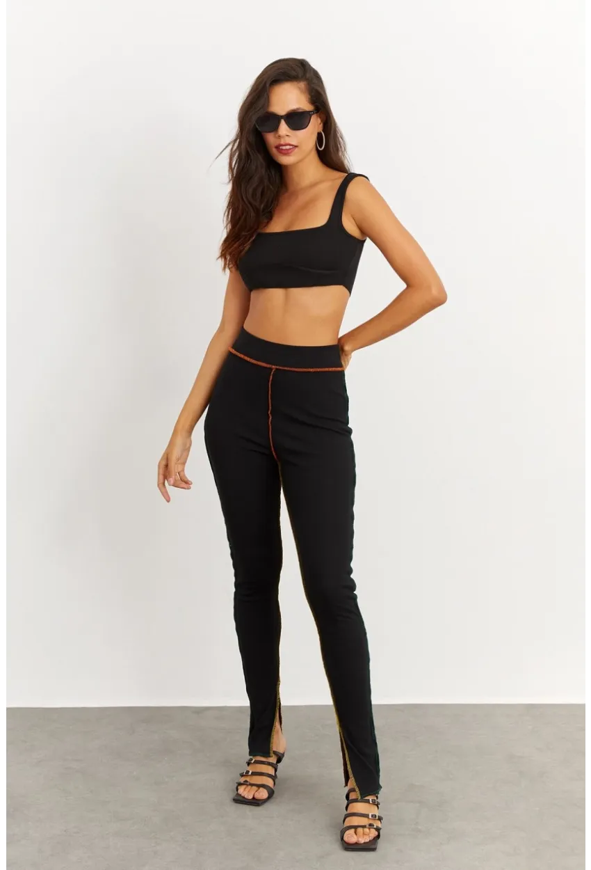Kadın Siyah Kontrast Dikişli Kaşkorse Tayt B223