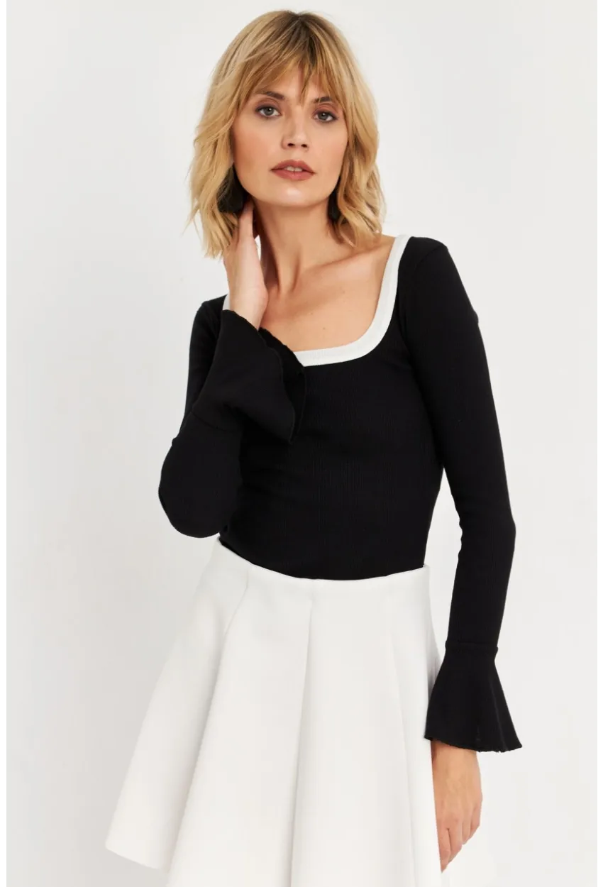 Kadın Siyah Kontrast Yaka İspanyol Kol Bluz ALB3105