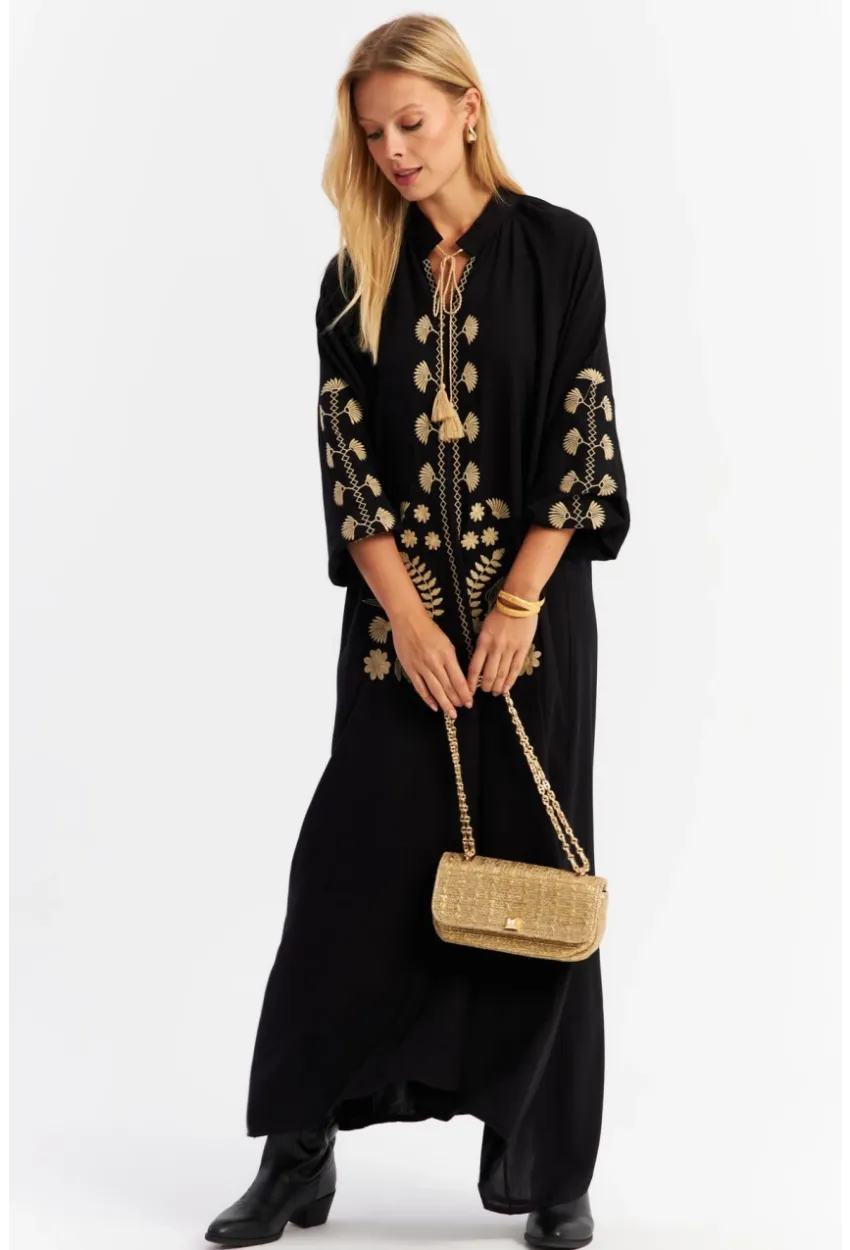 Kadın Siyah Kordon Detaylı Nakışlı Maxi Elbise MALO3