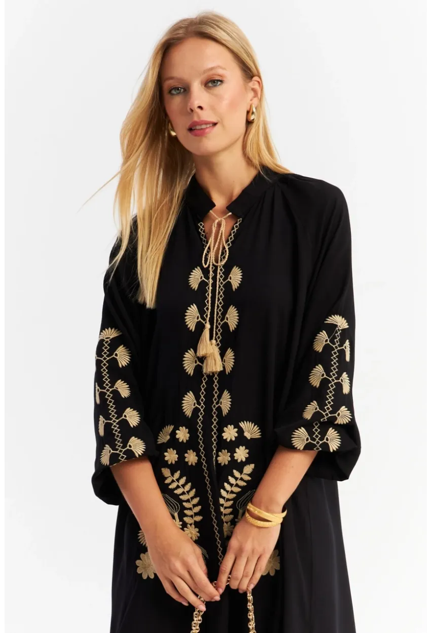 Kadın Siyah Kordon Detaylı Nakışlı Maxi Elbise MALO3