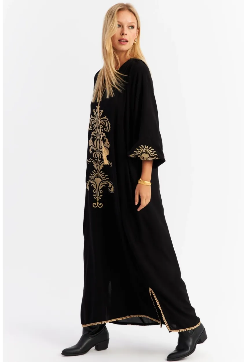 Kadın Siyah Kordon Detaylı Nakışlı Maxi Elbise MALO4