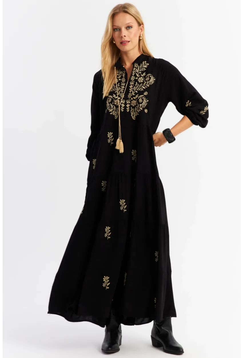 Kadın Siyah Kordon Detaylı Nakışlı Maxi Elbise MALO5