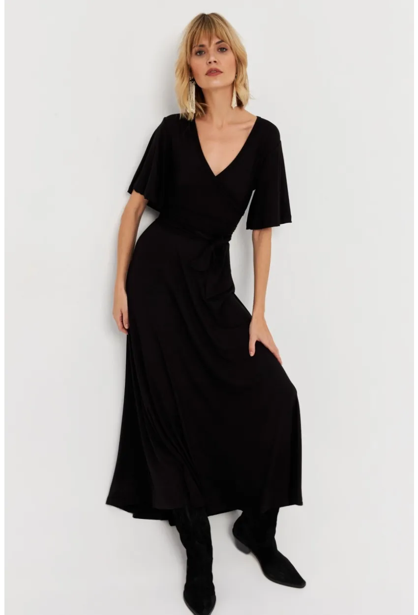 Kadın Siyah Kruvaze Bağlamalı Maxi Elbise EY3038