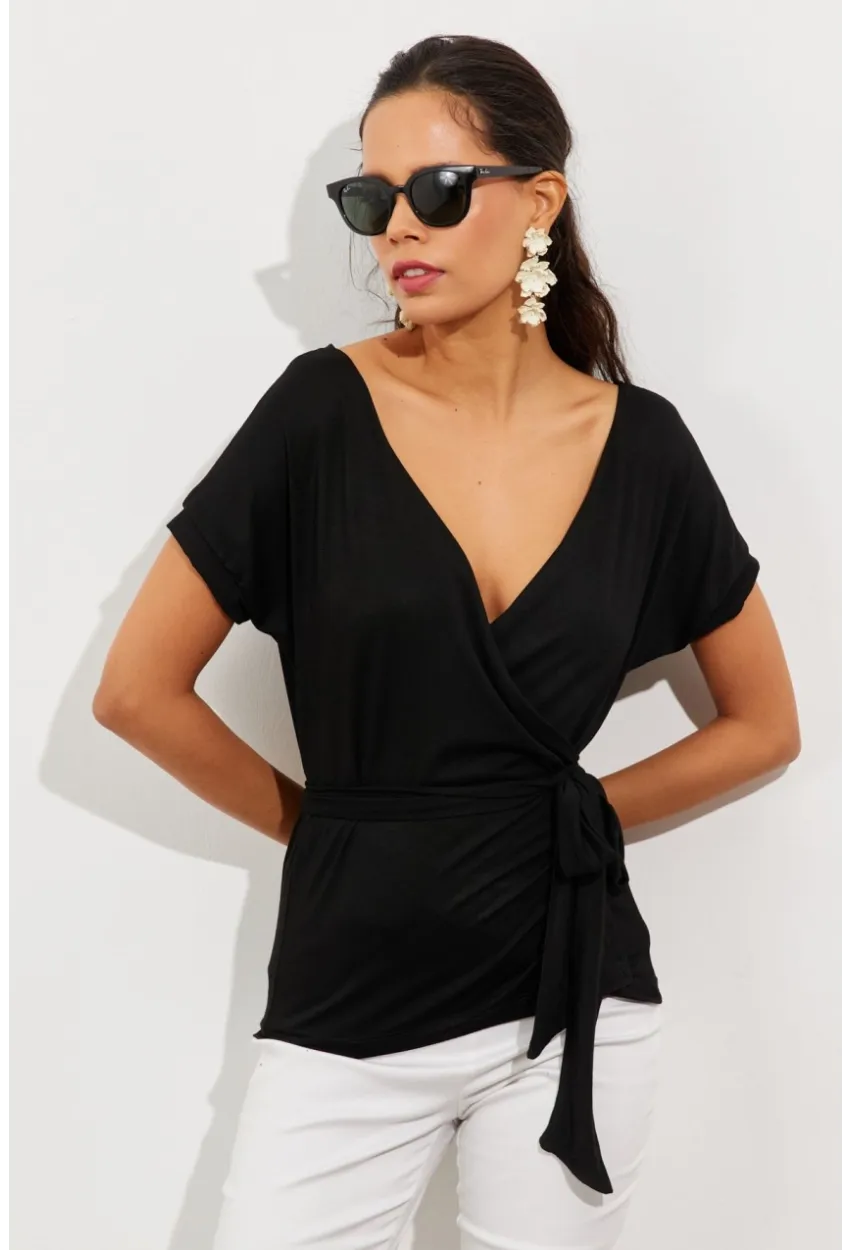 Kadın Siyah Kruvaze Bluz EY2496
