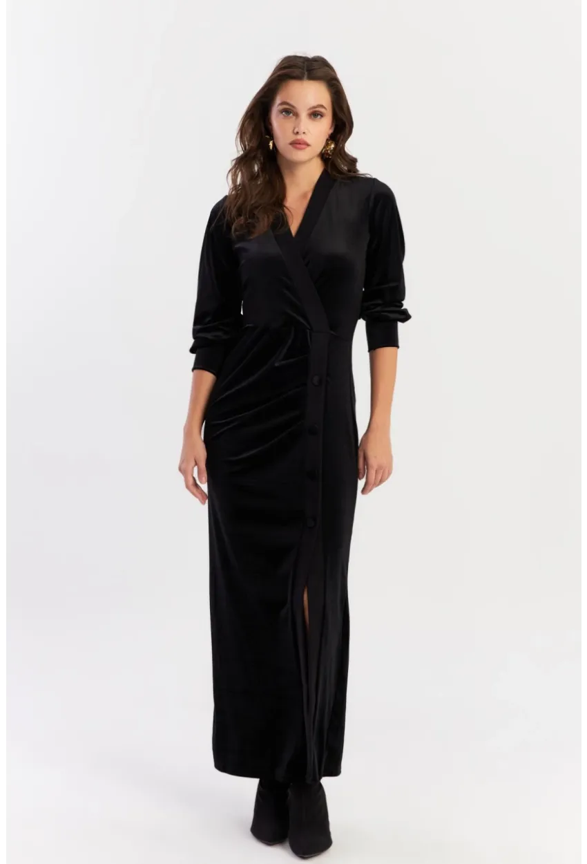 Kadın Siyah Kruvaze Büzgülü Kadife Maxi Elbise ALO1007-9