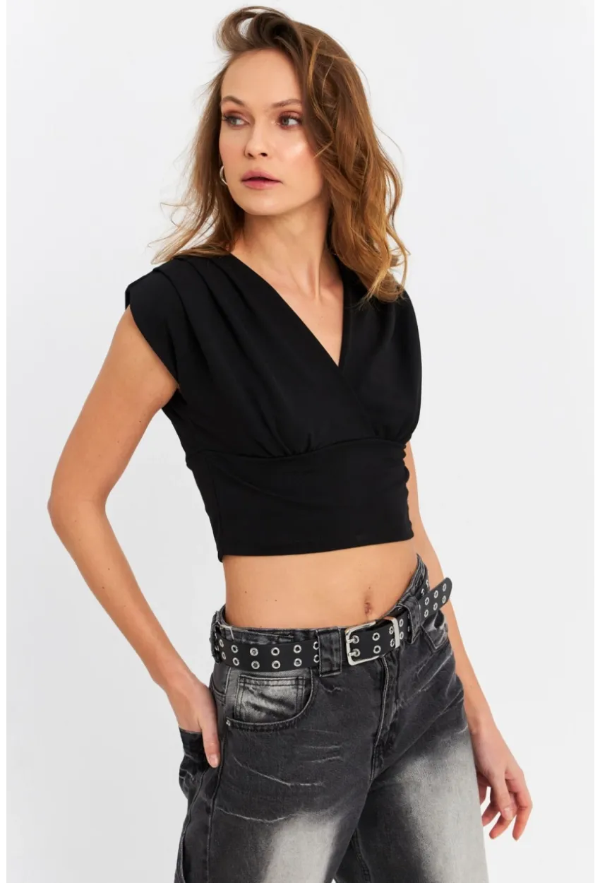 Kadın Siyah Kruvaze Crop Bluz SDY1234
