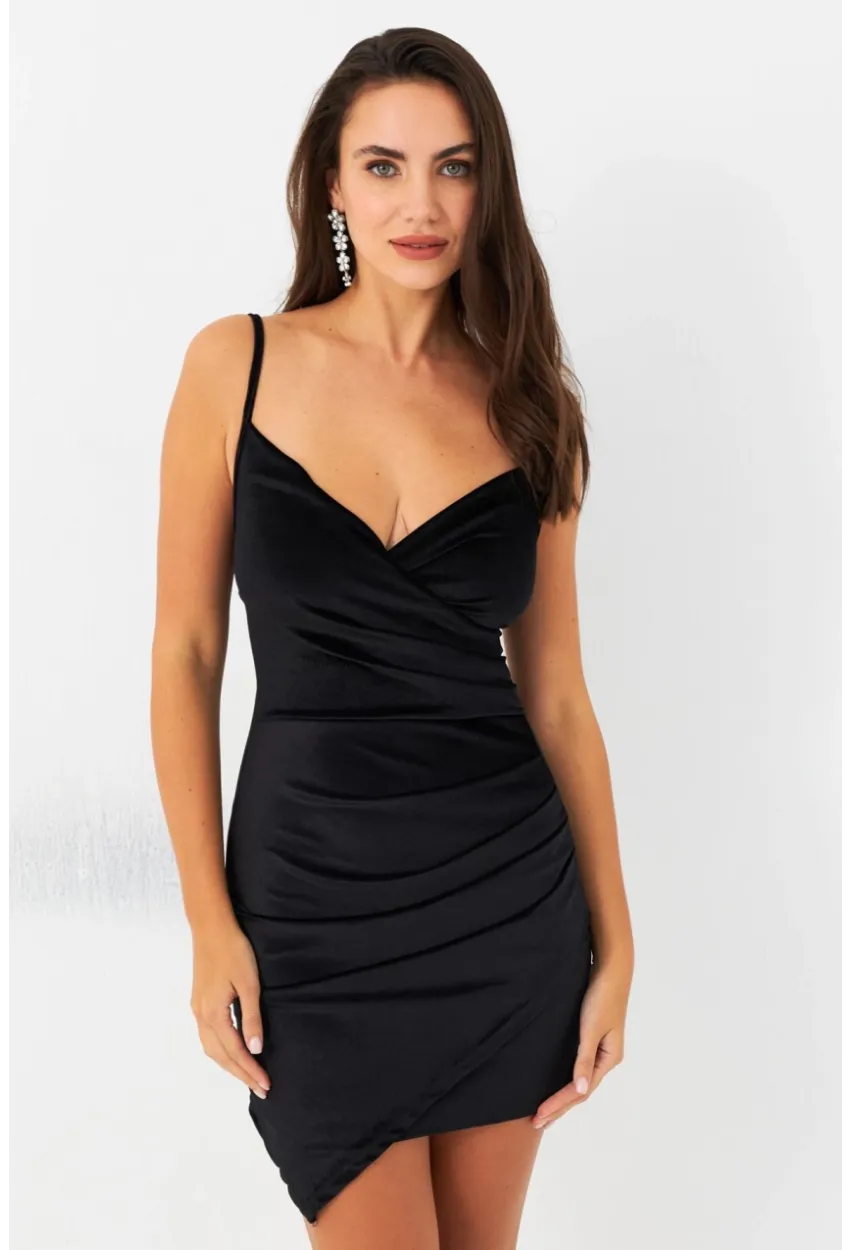 Kadın Siyah Kruvaze Kadife Mini Elbise MON140