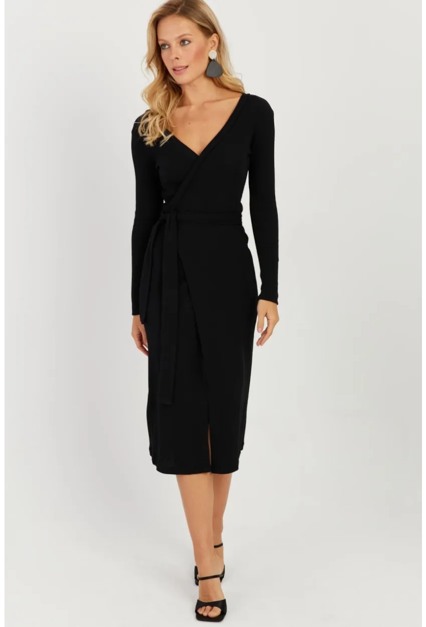 Kadın Siyah Kruvaze Kaşkorse Midi Elbise EY2703