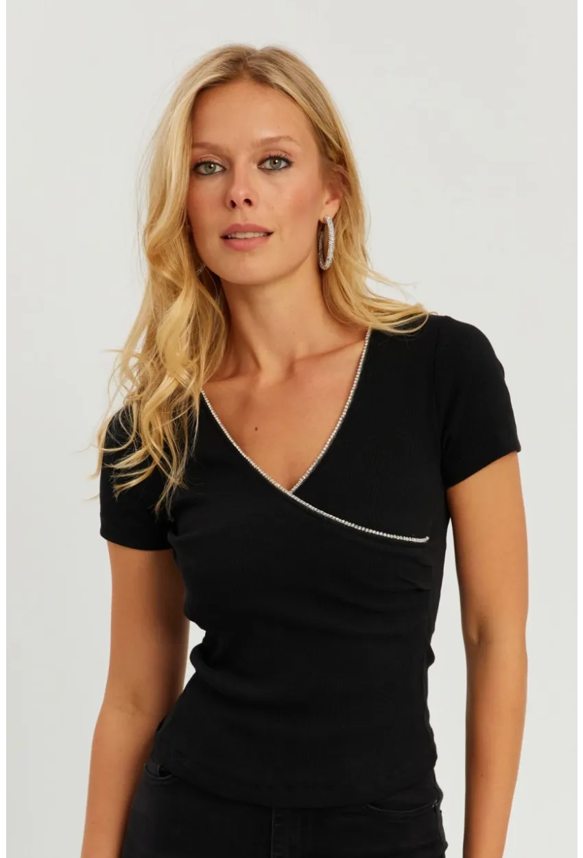 Kadın Siyah Kruvaze Kaşkorse Taşlı Bluz AYD306