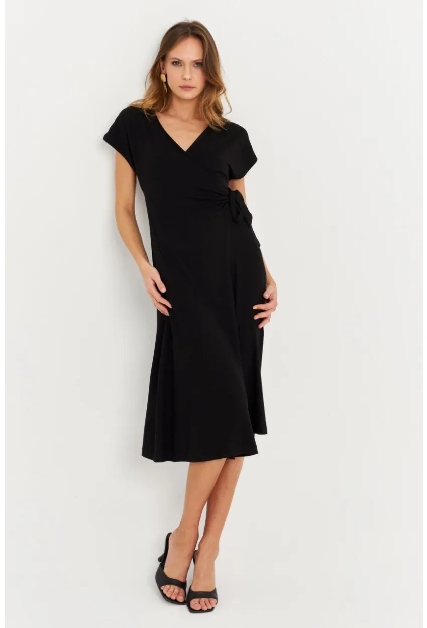 Kadın Siyah Kruvaze Midi Elbise EY3044