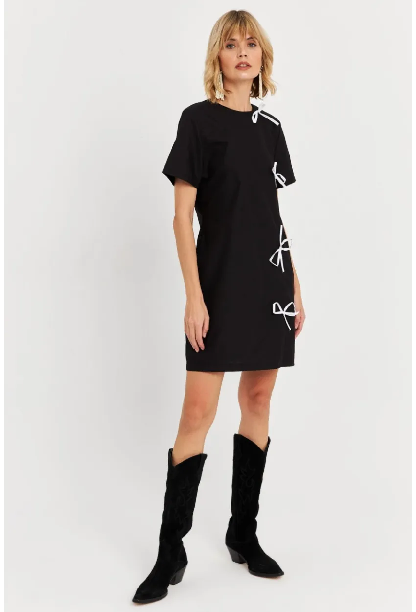 Kadın Siyah Kurdele Detaylı Mini Elbise DAF5025