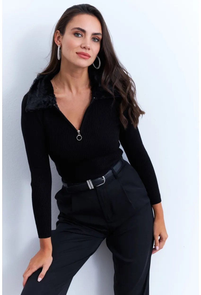 Kadın Siyah Kürk Yaka Bluz ELA115