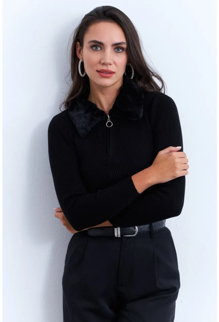 Kadın Siyah Kürk Yaka Bluz ELA115