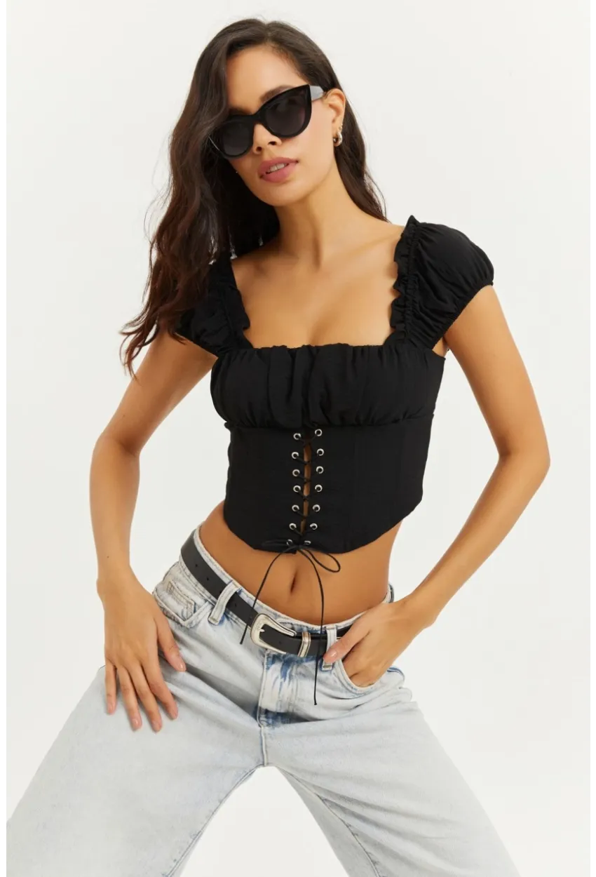 Kadın Siyah Kuşgözlü Crop Bluz YEL26