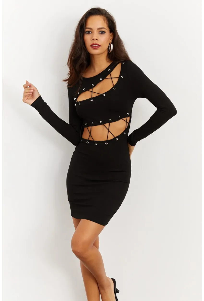 Kadın Siyah Kuşgözlü Pencereli Midi Elbise B1548