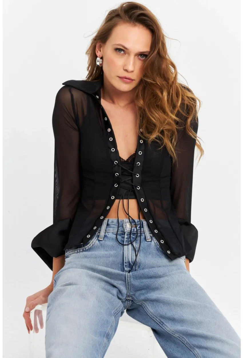 Kadın Siyah Kuşgözlü Tül Gömlek YEL221539