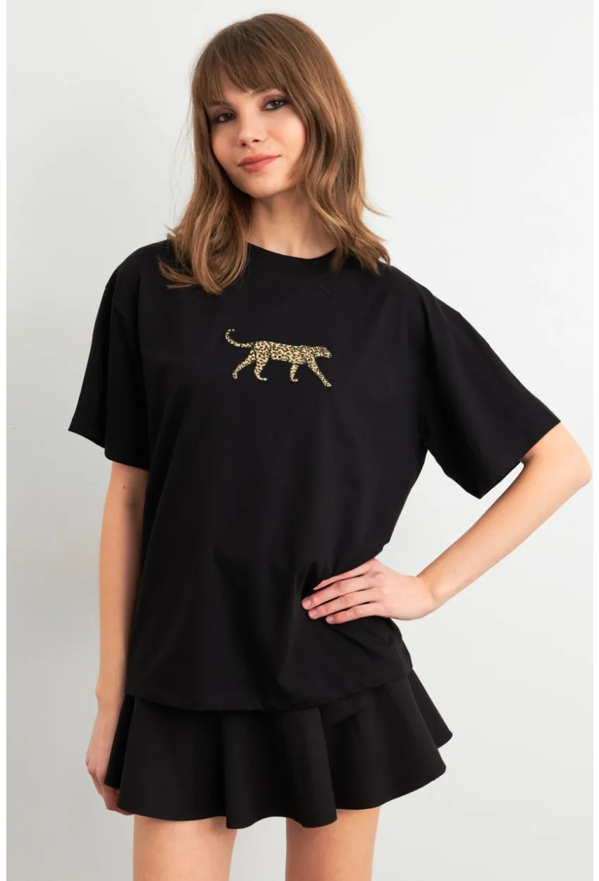 Kadın Siyah Leopar Baskılı T-Shirt RLO110