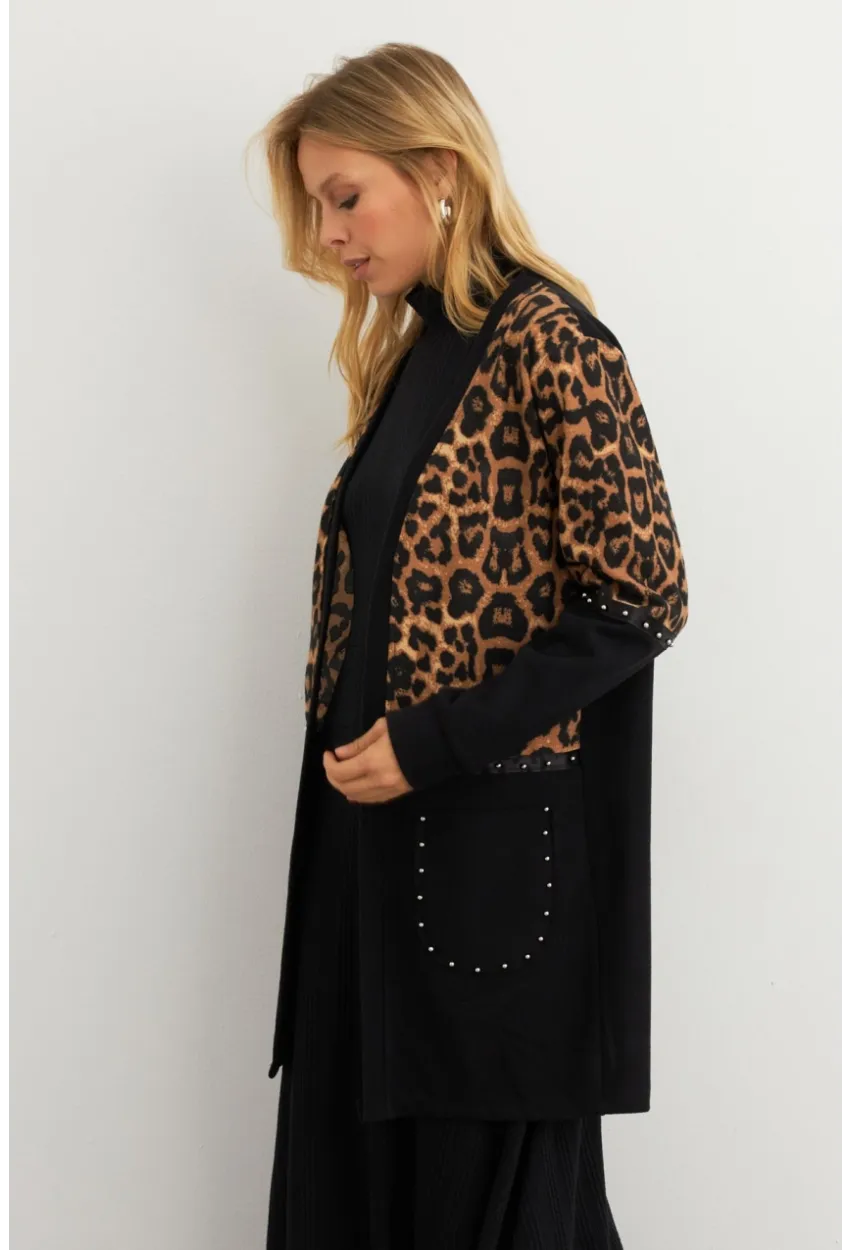 Kadın Siyah Leopar Bloklu Hırka MPK812