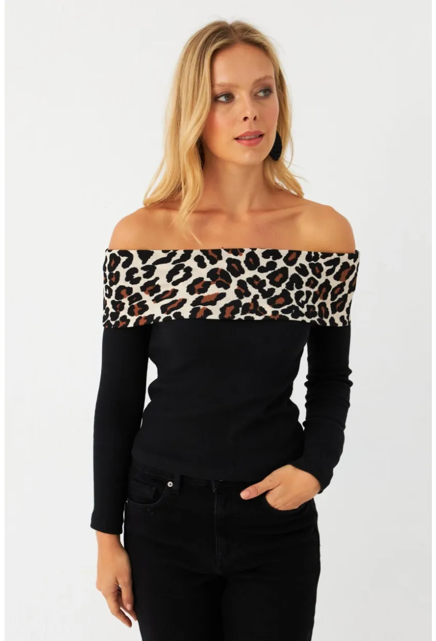 Kadın Siyah Leopar Bloklu Madonna Bluz AYD396