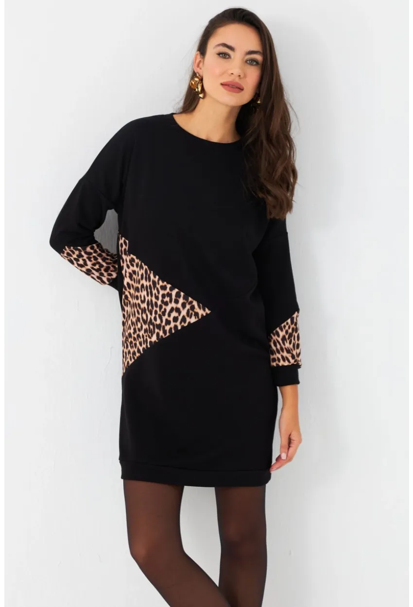 Kadın Siyah Leopar Desenli Mini Sweat Elbise ST145