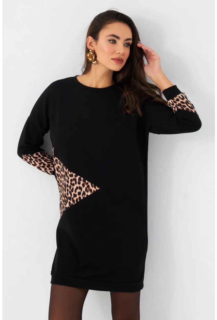 Kadın Siyah Leopar Desenli Mini Sweat Elbise ST145