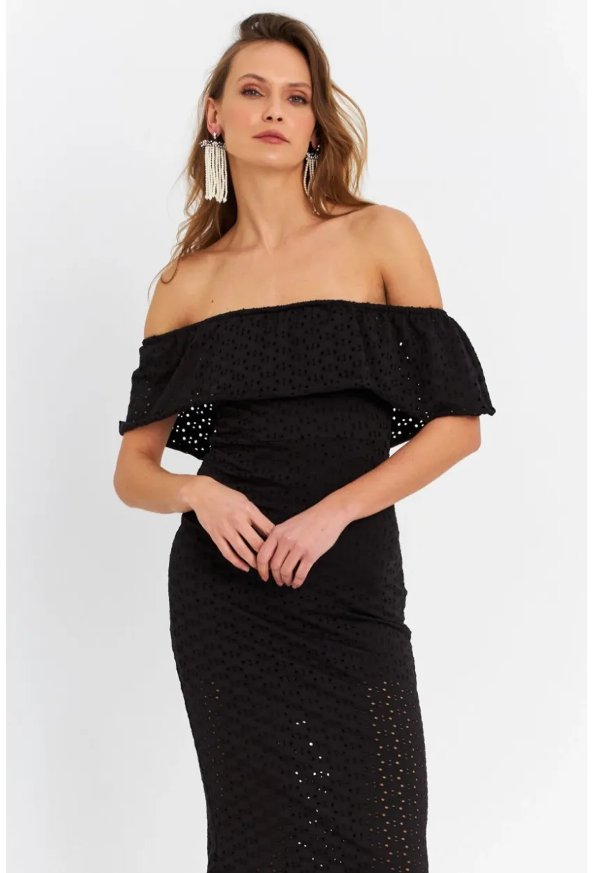 Kadın Siyah Madonna Yaka Astarlı Midi Elbise LİT105