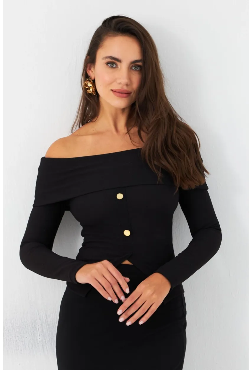 Kadın Siyah Madonna Yaka Bluz RLO77