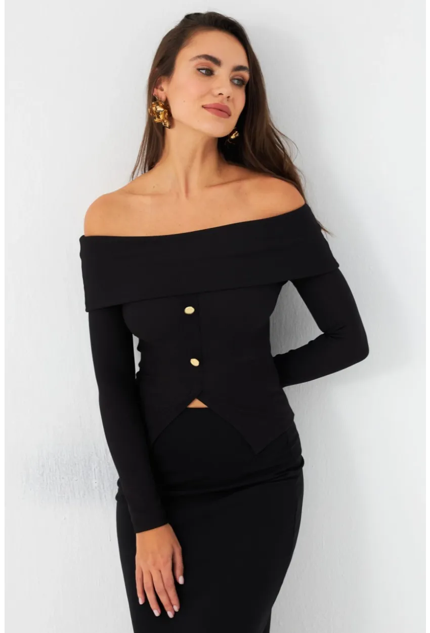 Kadın Siyah Madonna Yaka Bluz RLO77