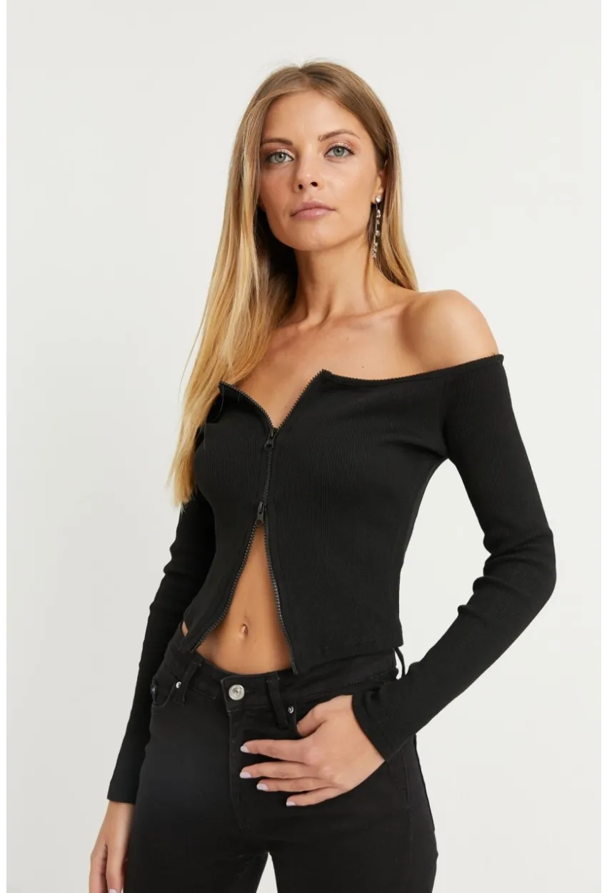 Kadın Siyah Madonna Yaka Fermuarlı Kaşkorse Bluz B1402