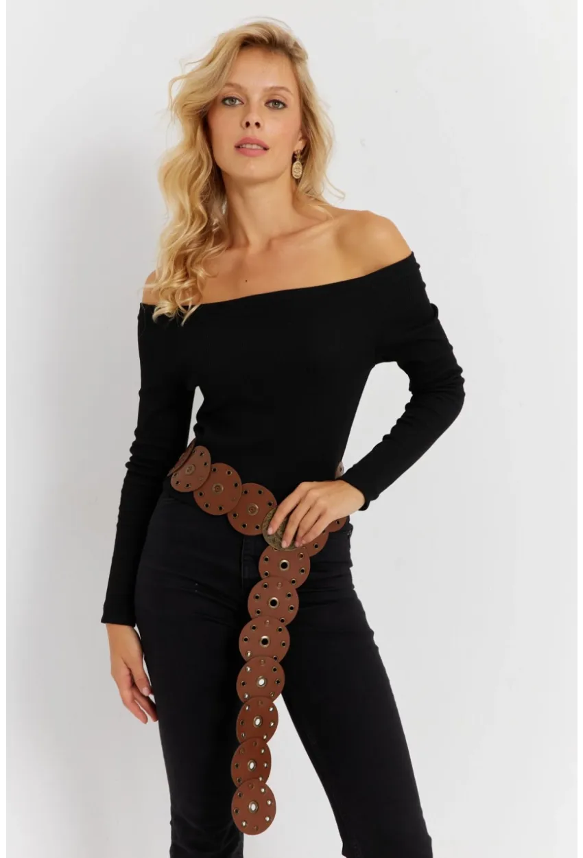 Kadın Siyah Madonna Yaka Kaşkorse Bluz EY2852