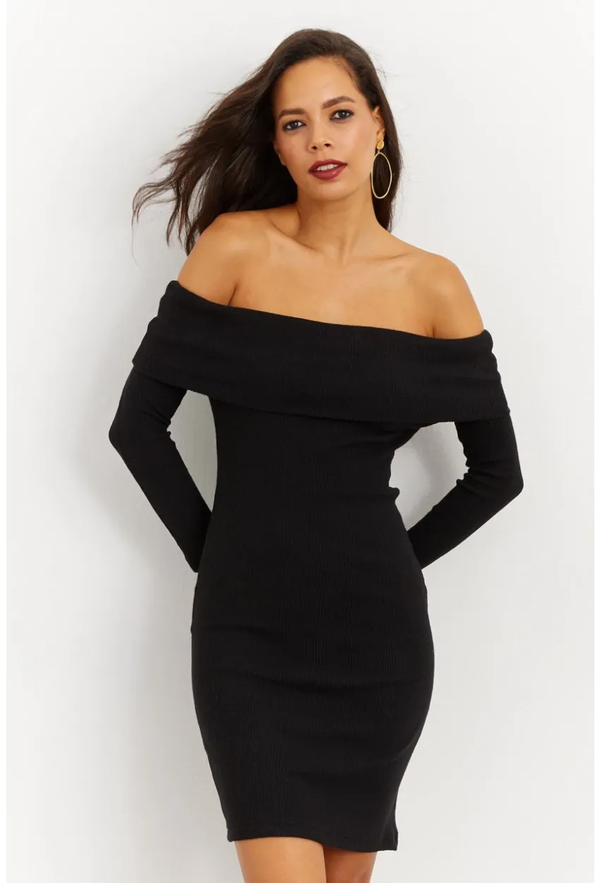 Kadın Siyah Madonna Yaka Kaşkorse Elbise CG272